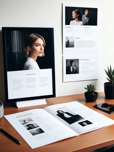 Create an elegant portfolio that showcases your best work.,an open book sits on a wooden desk next to a computer monitor,portfolio,blur office background,webdesign,blank photo frames,newsletters,poste