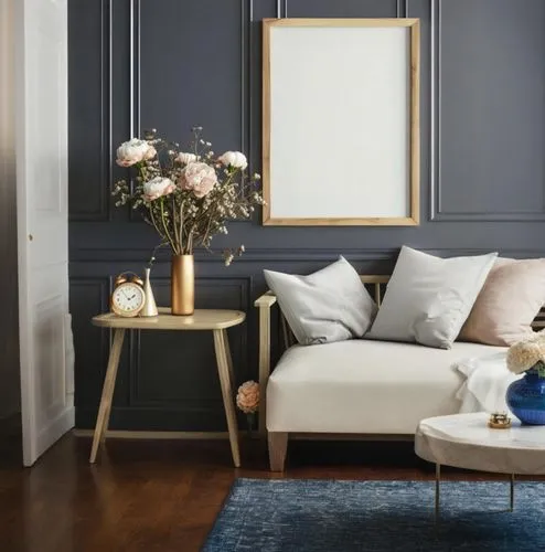 berkus,fromental,mazarine blue,opaline,modern decor,decoratifs,danish furniture,furnishes,contemporary decor,anastassiades,blue room,blue leaf frame,sitting room,gold foil corner,interior decor,gold s