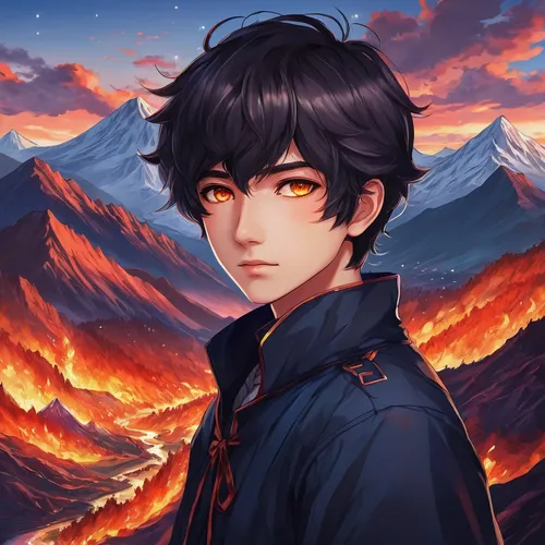 Draw an anime boy pfp with fiery eyes and a mountainous landscape.,fire background,fire mountain,volcanic,volcano,fire planet,portrait background,meteora,dusk background,fire on sky,flame robin,edit i