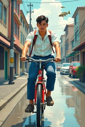 side views of an average stocky brawny healthy thick Vietnamese typical round-faced handsome young guy riding a retro bike, he is busty, wear a navy trousers and a white school uniform top, flying fis