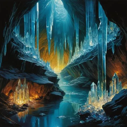 ice cave,caverns,ice castle,ice landscape,blue cave,blue caves,cavernosum,the blue caves,cavern,icewind,ice planet,grotte,stalagmites,stalactites,ice formations,icefalls,icefall,caves,stalactite,cave,Illustration,Realistic Fantasy,Realistic Fantasy 32