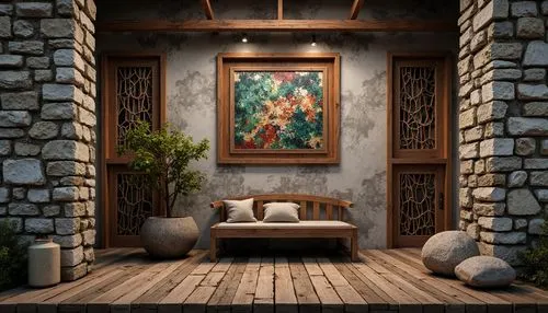 japanese-style room,entryway,wooden wall,ryokan,alcove,3d render,sitting room,interior decor,guest room,wooden door,livingroom,home corner,3d rendering,cabana,home interior,fireplace,contemporary decor,living room,rest room,bedroom