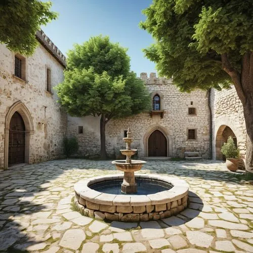 village fountain,courtyard,stone fountain,assisi,inside courtyard,courtyards,Photography,General,Realistic