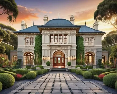 Melbourne-style architectural building, custom modern design, grand entrance, intricate stone carvings, large glass windows, ornate metal door handles, cream-colored walls, dark gray roof tiles, lush 