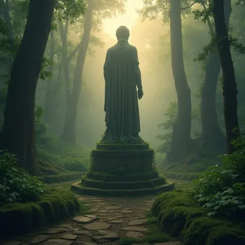 Monumental stone statue, surrounded by lush forest, tall trees, green foliage, vines crawling up pedestal, moss-covered stone floor, misty atmosphere, soft warm lighting, golden hour, ruins overgrown 