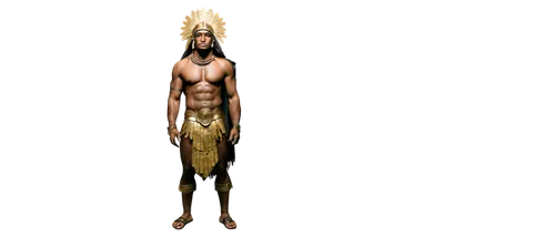 Ancient Mesoamerican, Olmec warrior, masculine, muscular, serious facial expression, dark skin, feathered headdress, gold jewelry, loincloth, sandals, stone statue-like, monumental scale, low-angle sh