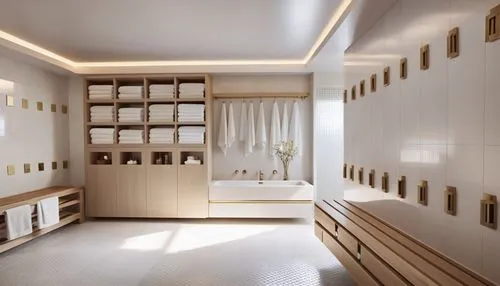 a bedroom with large closets and white tiles,luxury bathroom,walk-in closet,minibar,saunas,bath room,modern minimalist bathroom,Photography,General,Realistic