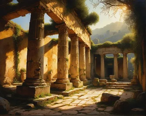 delphi,ephesus,greek temple,ancient buildings,ancient city,peristyle,paestum,pillars,ancient,artemis temple,the ancient world,temple of diana,segesta,ruins,messene,roman ruins,ancient ruins,roman temple,ancients,ancient rome,Art,Classical Oil Painting,Classical Oil Painting 44