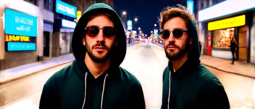 Man, incognito, hoodie, sunglasses, messy hair, beard, mysterious expression, solo, city street, night scene, neon lights reflection, shallow depth of field, cinematic composition, HDR, fish eye lens.