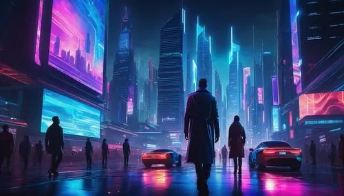 Futuristic cyberpunk cityscape, neon lights reflecting off sleek skyscrapers, holographic advertisements floating in mid-air, robot pedestrians walking alongside humans, flying cars zooming past, towe