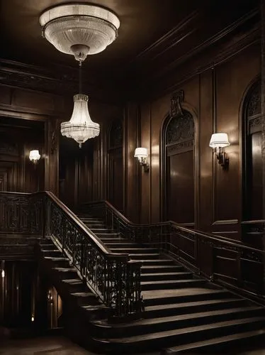 Classic film noir architecture, 1930s-40s style, grand staircase, ornate metal railings, lavish chandeliers, dark wood paneling, vintage cameras, film reels, spotlights, Hollywood sign, cityscape at n