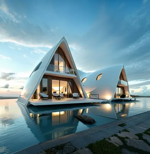 an unusual looking home on the water at sunset,cube stilt houses,futuristic architecture,asian architecture,modern architecture,calatrava,cubic house,Photography,General,Realistic