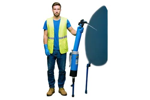 exterminator, male, adult, yellow vest, blue gloves, spray equipment, serious facial expression, standing, strong legs, boots, holding sprayer, panoramic view, natural lighting, shallow depth of field