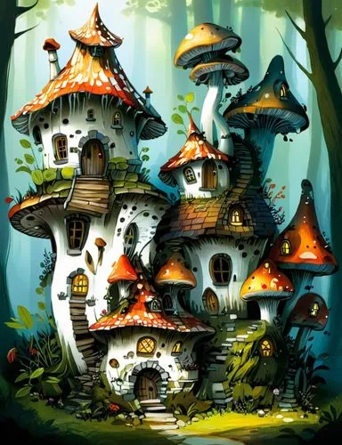 Mushroom house in the fairytale forest,a painting of some cute little houses in the woods,fairy village,fairy house,mushroom landscape,mushroom island,witch's house,house in the forest,Illustration,Pa