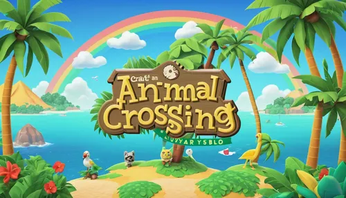 Craft an adventurous Animal Crossing logo with a tropical island, palm trees, and exotic animals.,wild animals crossing,android game,tropical animals,animals hunting,mobile game,animal world,ccc anima