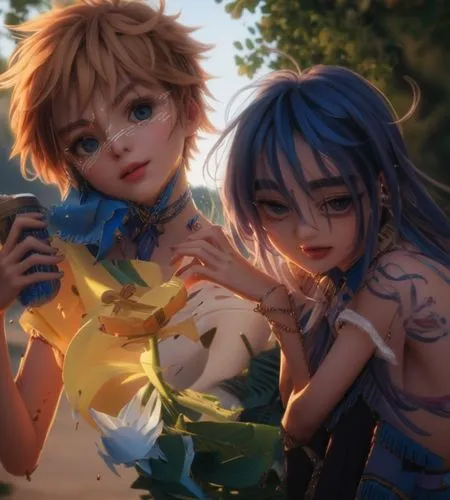 fairies,cg artwork,game illustration,holding flowers,monsoon banner,little angels,fae,nami,lily family,hands holding,fairytale characters,fairies aloft,lion children,childhood friends,magi,sun and moo