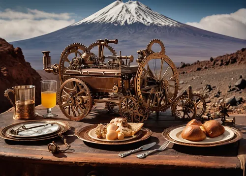 teide national park,teide,el teide,tongariro,tea service,dessert station,breakfast hotel,mount fuji,volcanic landscape,the atacama desert,mount taranaki,afternoon tea,music instruments on table,latin american food,alpine restaurant,western food,still life photography,fuji,breakfast table,mt fuji,Illustration,Realistic Fantasy,Realistic Fantasy 13