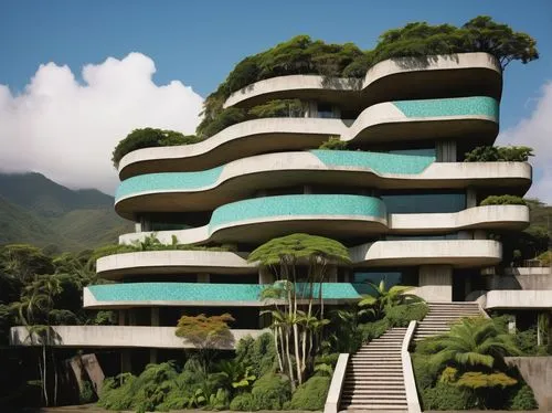 futuristic architecture,fresnaye,niteroi,interlace,escala,terraces,terraformed,condominia,ecotopia,tropical house,arcology,modern architecture,amanresorts,cube stilt houses,residential tower,floating island,seidler,cantilevered,landscaped,3d rendering,Art,Artistic Painting,Artistic Painting 49