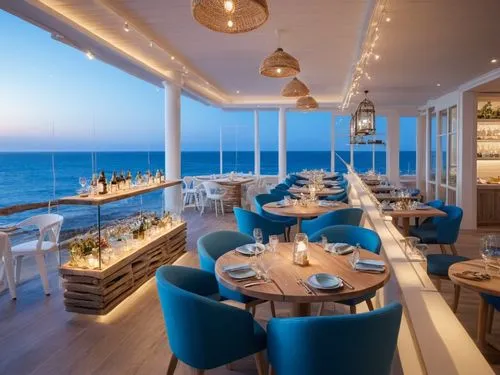 some blue chairs a long wooden table and lights,beach restaurant,atlantic grill,seafrance,oceanfront,fine dining restaurant,beach bar,outdoor dining,bonefish,knokke,sagaponack,oceanview,jumeirah beach