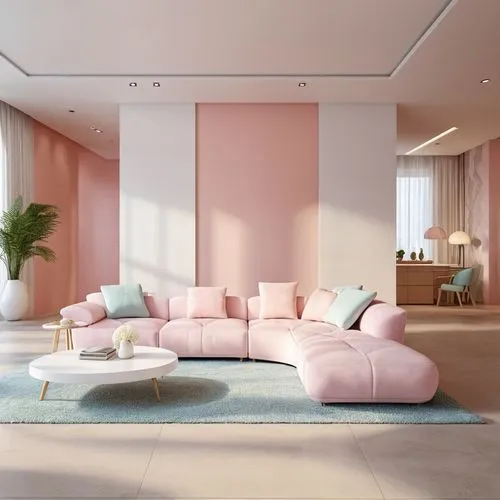 lips-shaped sofa, soft and squiggly design, pastel colors,a very pretty living room with pink walls and white furniture,soft pink,soft furniture,living room,livingroom,apartment lounge,light pink,Phot