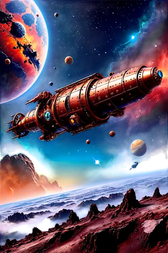 space ships,spaceliner,spelljammer,skyterra,futuristic landscape,space art,space voyage,interplanetary,spaceships,planetrx,cartoon video game background,space port,spacescraft,sci fiction illustration,asteroid,galaxy express,fire planet,extrasolar,gas planet,sky space concept,Illustration,Realistic Fantasy,Realistic Fantasy 13