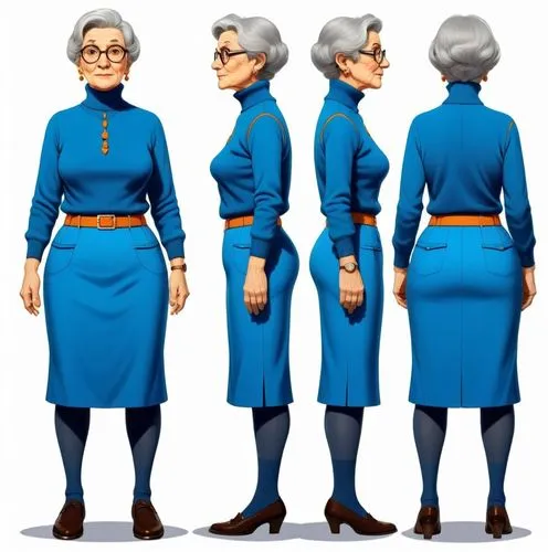 idle and perfectly simmetrical poses of a  80 years old fat grandmother in an orange long classical skirt and a classical blue turtleneck sweater, cartoon style, perfectly simmetrical body position, p