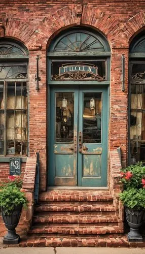 Antique store, southern accents, Cullman Alabama, historic downtown, brick building, wooden sign, ornate ironwork, vintage decorations, distressed wood, old windows, flower boxes, greenery, warm after