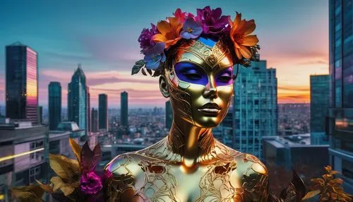 afrofuturism,biophilia,voodoo woman,neon body painting,sculptress,golden mask,transhuman,woman sculpture,mother earth statue,idealised,humanoid,gold mask,bronze sculpture,dryad,faun,golden crown,african art,decorative figure,oshun,metalized,Photography,Artistic Photography,Artistic Photography 08