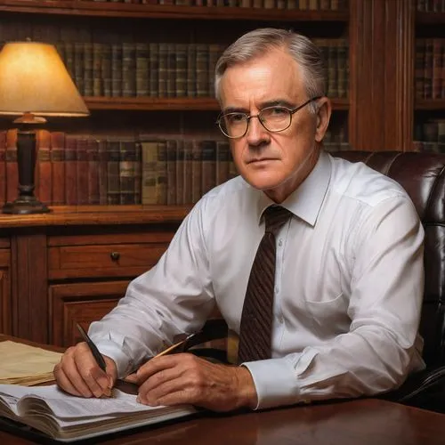 David Patterson, mature man, glasses, short hair, formal wear, suit, white shirt, tie, sitting, desk, computer, keyboard, mouse, books, papers, office background, wood paneling, leather chair, warm li