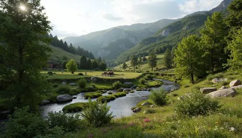 Serene natural scenery, rolling hills, lush green forests, meandering streams, rustic wooden bridges, vibrant wildflowers, native plant species, organic stone walls, earthy terrain, seamless transitio