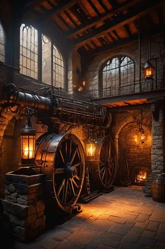 Industrial forge craft architecture, medieval-inspired, stone walls, iron doors, intricate metalwork, glowing hot coals, steam pipes, wooden beams, rivets, machinery, water wheel, pulleys, rustic lant