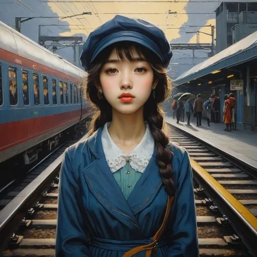 the girl at the station,stationmaster,hoshihananomia,boogiepop,japanese woman,jianying,Illustration,Realistic Fantasy,Realistic Fantasy 08