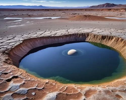 In the distance, a white and white void floats in the midst of a cratered, empty jupiter. The water seems to pulse and dance, illuminating the darkness behind it. In the darkness, a small pond reflect