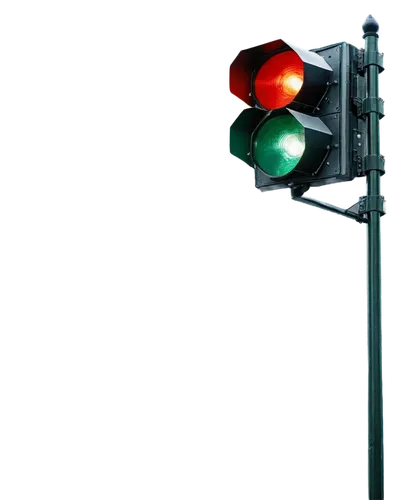 Stop light, urban scenery, octagonal shape, red and green lights, metal frame, vertical pole, city street, daytime, clear sky, 3/4 composition, shallow depth of field, realistic texture, detailed refl