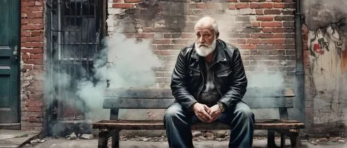 Fat, ugly, old man, balding, thick beard, worn-out clothes, ripped jeans, faded black leather jacket, chunky boots, sitting on a broken bench, dirty alleyway, dim lighting, rusty fire escape, crumblin