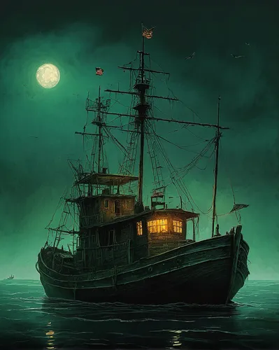 ghost ship,pirate ship,naval trawler,galleon,galleon ship,lightship,fishing trawler,old ship,green sail black,sea sailing ship,shipwreck,steam frigate,caravel,full-rigged ship,rescue and salvage ship,arklow rogue,reefer ship,mariner,aenne rickmers,sea fantasy,Illustration,Paper based,Paper Based 18