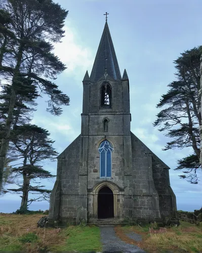 Picture of the Old Church of Silverhill in Runan, Cotes d'armor, Brittany, on a beautiful cloudy morning,the black church,forest chapel,island church,black church,wayside chapel,north churches,sunken 