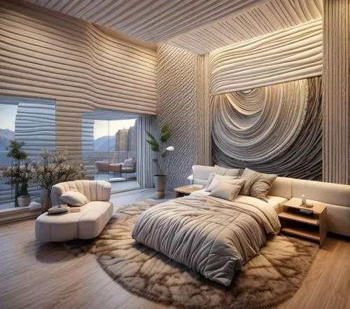 sleeping room,modern room,modern decor,interior design,great room,patterned wood decoration,bedroom,room divider,interior modern design,contemporary decor,guest room,interior decoration,canopy bed,wooden wall,3d rendering,livingroom,modern living room,living room,danish room,wall plaster