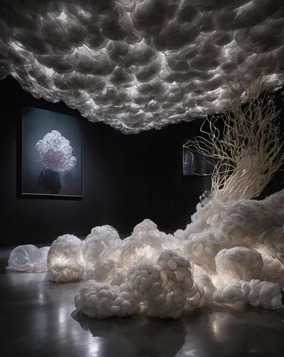 minimalist, closeup interior floating bio organic installation, Neri Oxman, strange anomalies, abstract, spatial clouds biomimicry, cotton texture, fabric, living architecture, hallucinations, floatin