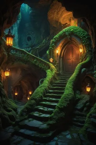 Fantasy cave house, mystical, ancient, mysterious, stone structure, rugged exterior, vines crawling, moss covered, glowing crystals, twinkling starlight, misty atmosphere, soft luminescent lighting, w