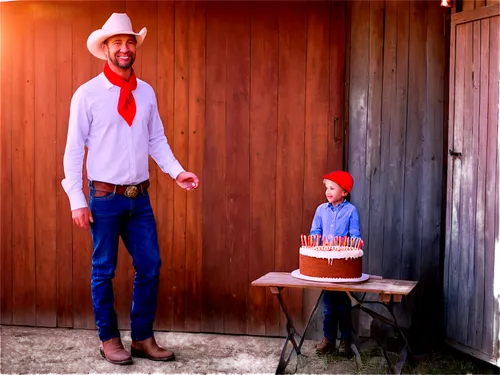 Cowboy, middle-aged man, smiling face, stubble beard, brown hair, worn leather boots, blue jeans, white cowboy hat, red bandana, holding birthday cake with candles, standing in front of wooden barn do