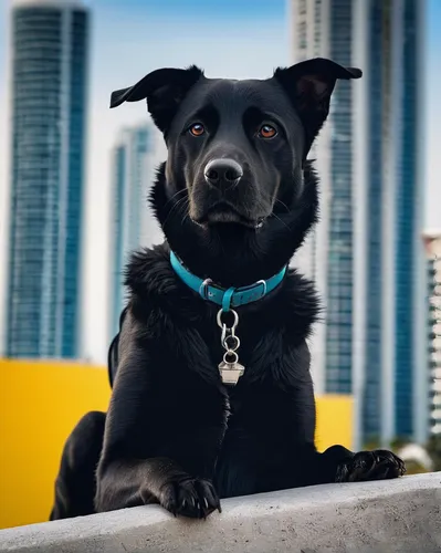 Experience the contrast of a black dog against the bright backdrop of Miami. Share your captivating photos.,dog photography,dog-photography,mixed breed dog,rescue dog,a police dog,vigilant dog,patterd