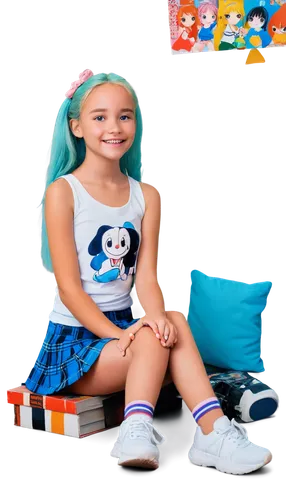 Young girl, cartoon lover, sitting on floor, surrounded by anime posters, colorful hair clips, bright blue eyes, smiling face, white tank top, plaid skirt, striped socks, sneakers, holding a cartoon c