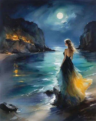 sea night,moonlit night,fantasy picture,blue moon,the night of kupala,nightdress,Illustration,Paper based,Paper Based 11