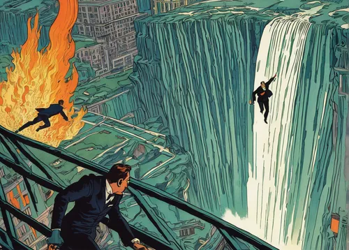 tower fall,sci fiction illustration,falls,base jumping,game illustration,book illustration,chasm,risk,falls of the cliff,abseiling,risk management,ash falls,fountainhead,stock market collapse,chute,risk joy,fall of the druise,financial world,twenties of the twentieth century,bond falls,Illustration,Retro,Retro 11