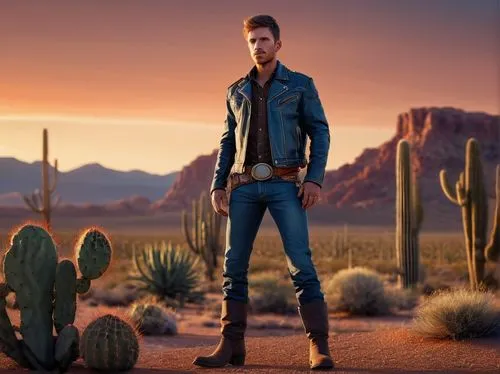 American, cowboy, rugged, strong facial features, short brown hair, blue eyes, leather jacket, denim jeans, belt buckle, boots, standing, confidence, desert landscape, cactus, vast open space, sunset,