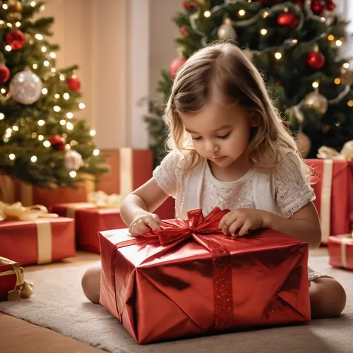 a little girl unwrapping her presents,blonde girl with christmas gift,opening presents,gift tag,the gifts,gift wrapping,gifts,give a gift,gift loop,christmas packaging,presents,christmas messenger,red