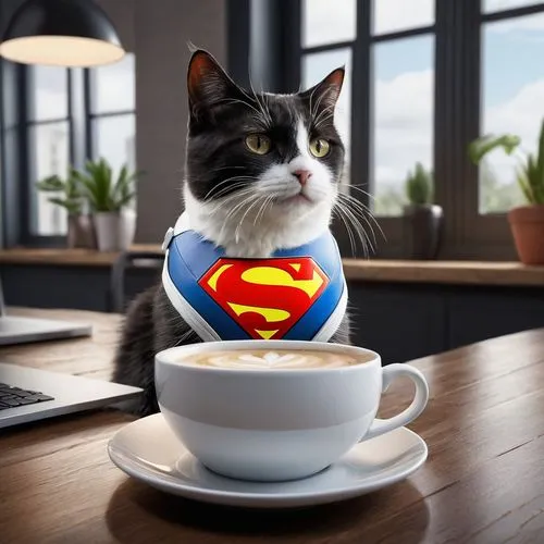 necesito un animal Gato blanco con manchas negras, sirviendose cafe agarrando una pava blanca , y sirviendose hacia una taza color negra con el logo de superman
,a cat that is sitting down with a cup 