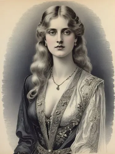 Black and white steel engraving, 1900: MARY (née von Teck), then Princess of Wales,a black and white drawing of a young woman in an elegant gown,vintage female portrait,liselotte,elizabet,victorian la