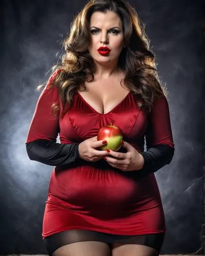 Abeautyful 38yo chubby brunette woman with full red lips in a short dark dress and pantyhose, an apple in her hands, dark background,woman eating apple,plus-size model,red apple,plus-size,diet icon,wo